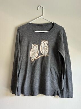LOFT Charcoal Crewneck Sweater with Cream Owl Applique